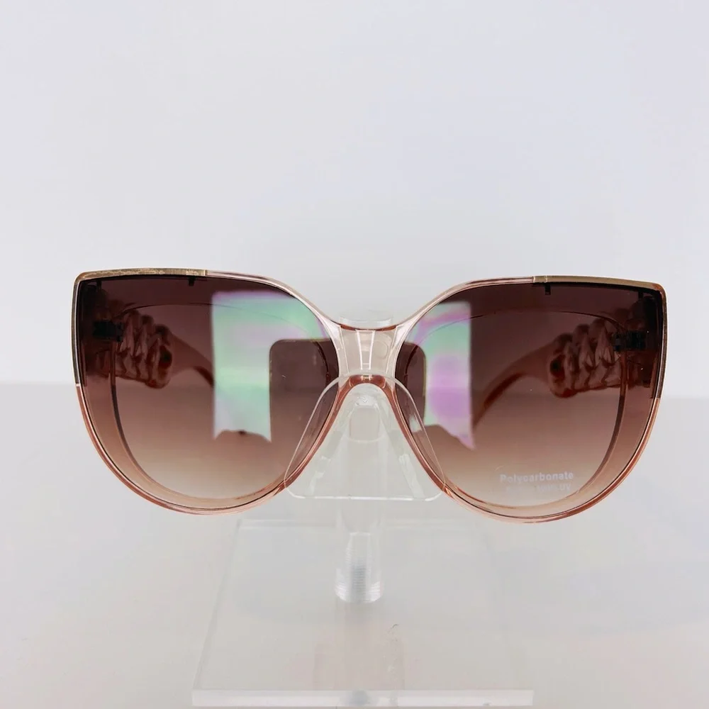 Sunglasses Pink Clear Frame Brown Lens W/Round Link Design Gold Trim Cat Eye NEW